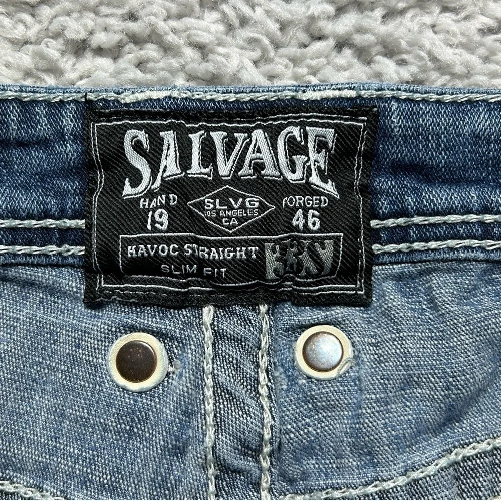 Salvage Jeans Mens 33 Havoc Straight Slim Fit Big Stitch Distressed Holes Party